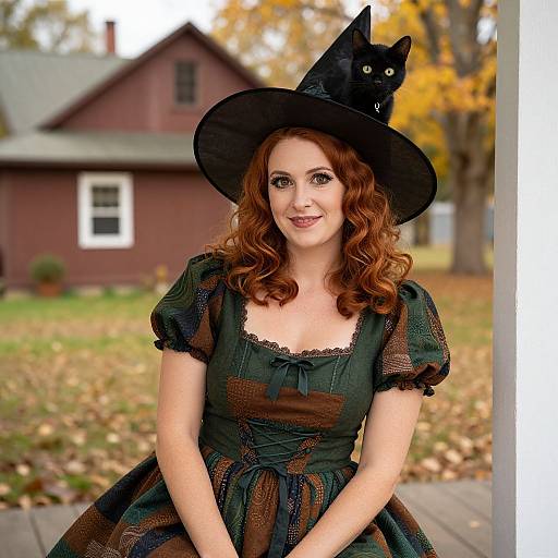 Photograph of a smiling red-haired woman in a dark green, lace-trimmed witch dress with a black hat featuring a cat, standing in front