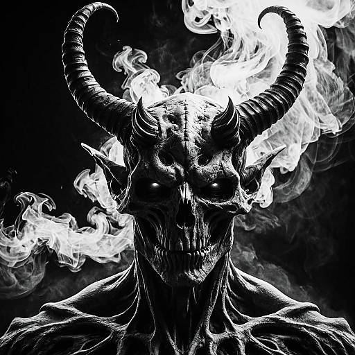 Dark Deformed Demon with Horns and Smoke