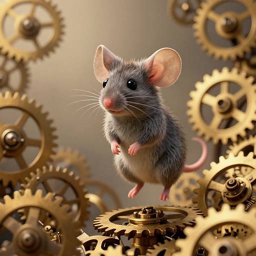 Photorealistic CGI of a gray mouse with pink ears and tail, mid-jump, surrounded by intricate golden gears, creating a steampunk-inspired