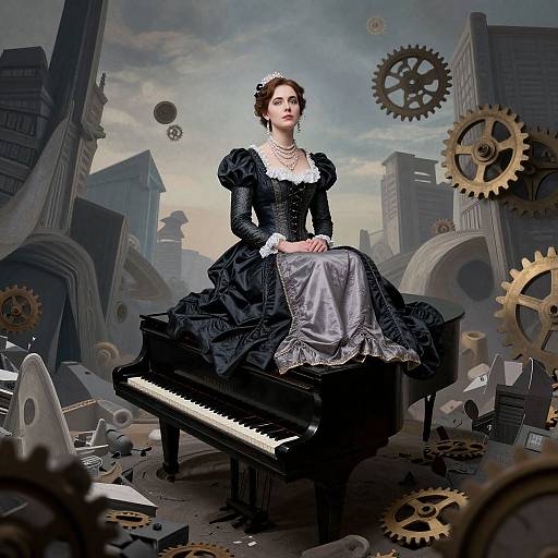 Steampunk-style digital art: Victorian woman in black dress with white lace, pearl necklace, seated on grand piano amidst gears, broken buildings, cloudy
