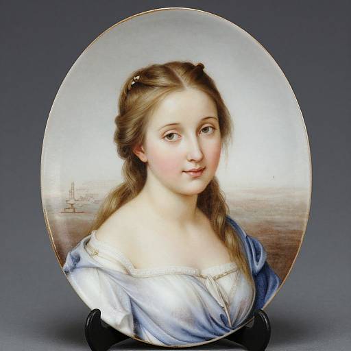 Photograph of a detailed, oval-shaped, classical-style painting of a young woman with fair skin, light brown hair in a braid, wearing a