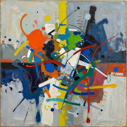 Abstract painting with vibrant splashes of red, blue, yellow, green, and white on a gray background, featuring bold black, white, and yellow