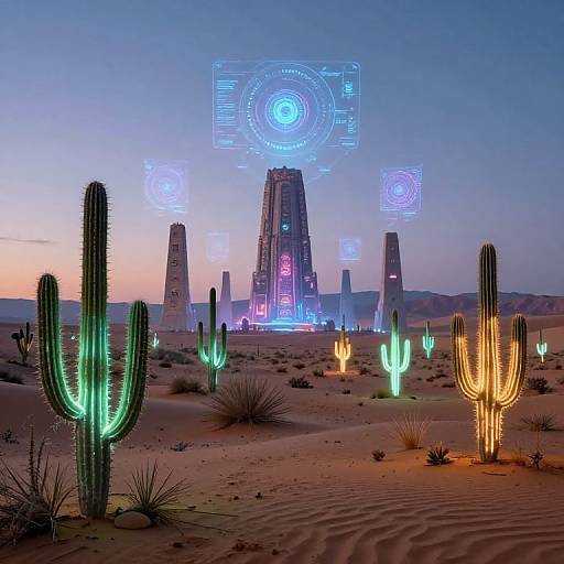 Digital art of a futuristic desert landscape with glowing cacti, neon blue and pink holographic symbols, and towering illuminated structures under a twilight sky.