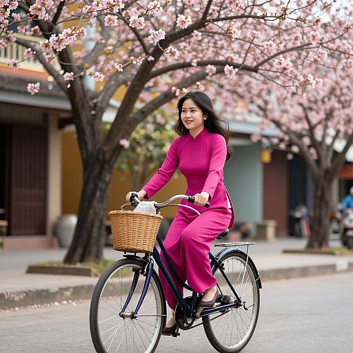 Vietnamese Woman Cycling Through Blossoms