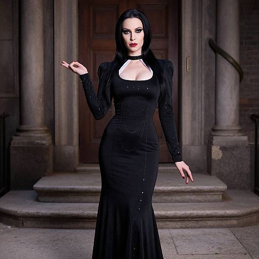 Digital art of a pale, black-haired woman in a form-fitting, long-sleeve black gown with a keyhole neckline, standing in front
