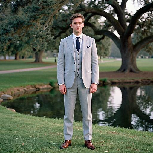 Photograph of a young man in a light gray three-piece suit, white shirt, blue tie, brown shoes, standing by a park pond.