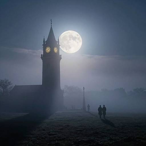 Photograph of a foggy night with a full moon, silhouetted church clock tower, and three people walking on a misty path.