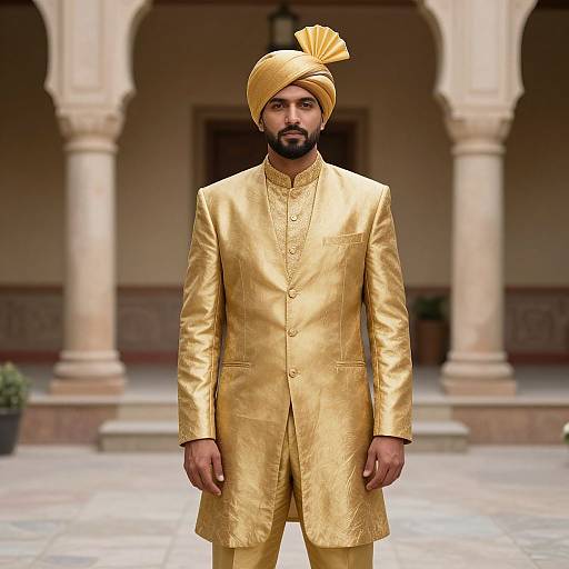Photograph of a bearded Indian man in a shiny gold traditional outfit and turban, standing in a colonial-style courtyard with arches.