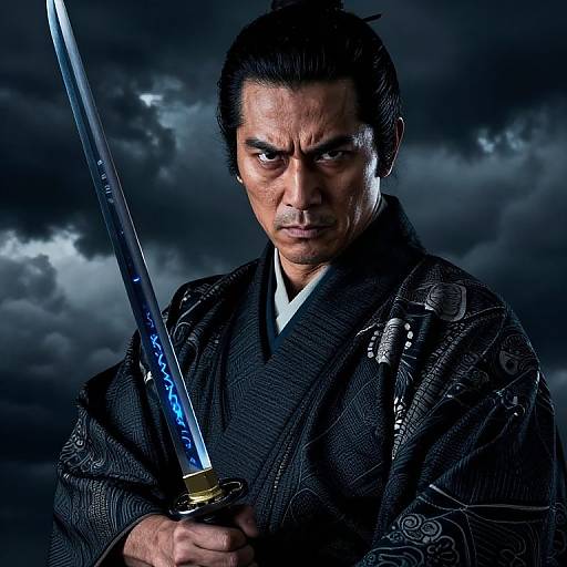 Photograph of a stern, dark-haired Asian man in a black, intricately patterned kimono, holding a glowing blue katana against a storm