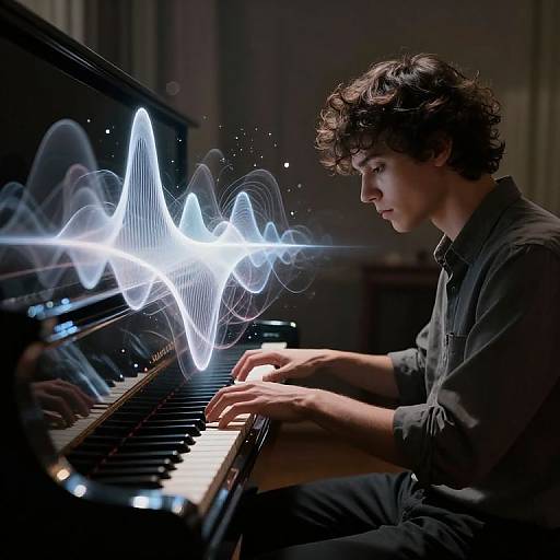 Photograph of a young man with curly brown hair playing a piano, with ethereal white waveform light emanating from the keys. Dark, moody