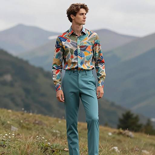 Young Man in Patterned Shirt and Teal Trousers in Mountain Landscape