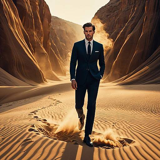 Fashion Model in Suit Walking in Desert Canyon