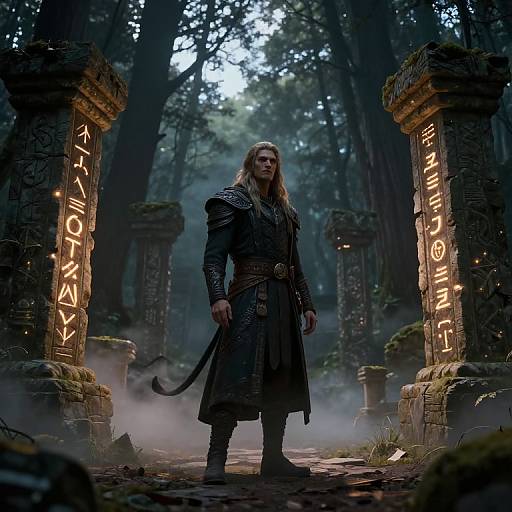 Fantasy Warrior in Mystical Forest Ruins