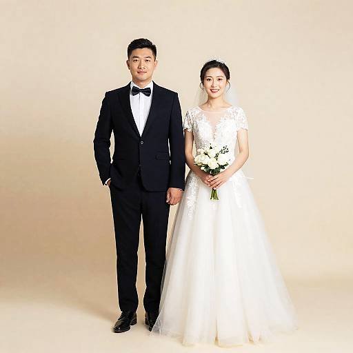 Photograph of an Asian couple on their wedding day; groom in black tuxedo, bow tie, and black shoes; bride in white lace dress