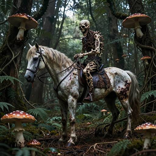Photograph: Skeletal figure riding a white horse with brown saddle, surrounded by giant mushrooms in a dark, dense forest.