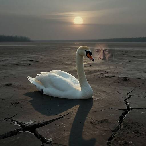 Photograph of a lone white swan with a black beak and orange accents, standing on cracked, dark mud at sunset, with a glowing sun