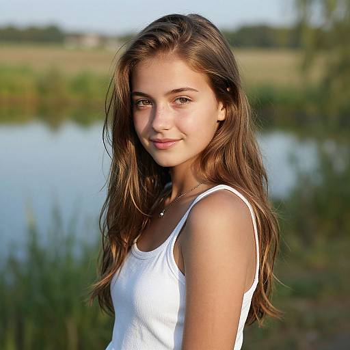 Photograph of a young woman with long brown hair, wearing a white tank top, standing by a serene lake, smiling softly.
