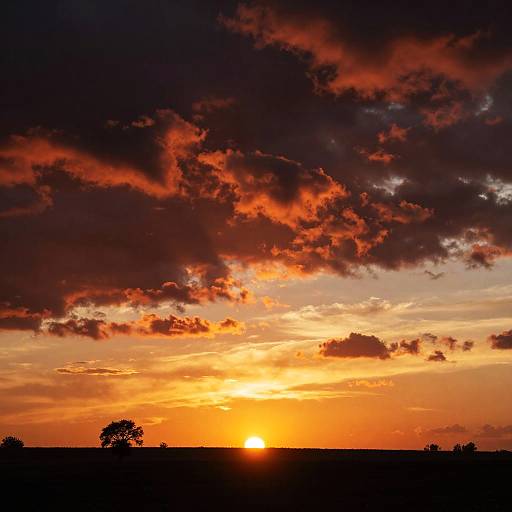 Photograph of a dramatic sunset with vibrant orange, yellow, and red clouds, silhouetted dark horizon, and bright sun near the center.