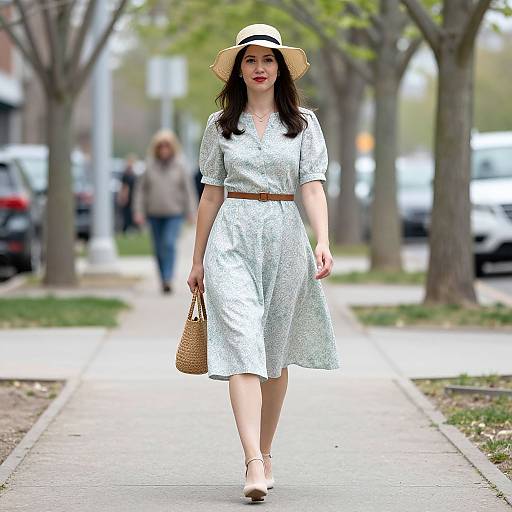 Spring Woman Walking in Hat and Dress