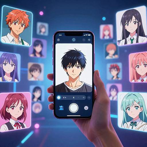 Digital anime art: Hand holding smartphone with black-haired boy profile, surrounded by colorful portraits of diverse anime characters in neon grid background.