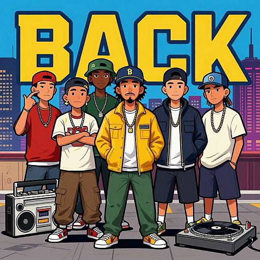 Digital illustration of six diverse boys in urban clothing, standing in front of 