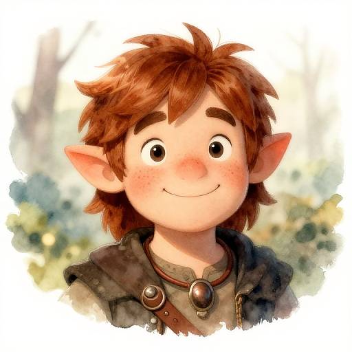 Digital drawing of a cute, smiling elf boy with brown, tousled hair, large eyes, and freckles, wearing a brown cloak with a