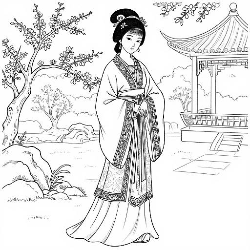 Black-and-white line drawing of a traditional East Asian woman in a kimono, standing in a garden with a pagoda, tree, and flowers.