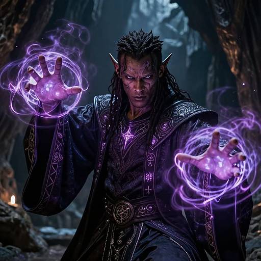 Dark elf with long, wet black hair, glowing purple magic circles in hands, intricate black robe, pointed ears, cave background, intense expression. Digital