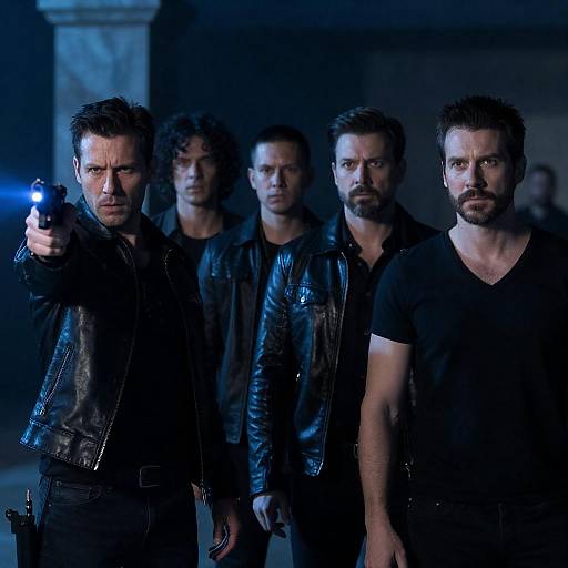 Intense Scene with Five Men in Blue Light