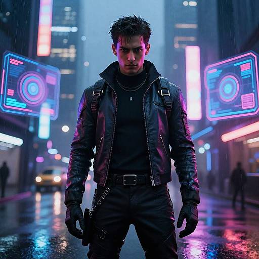 Cyberpunk street scene: brooding man in black leather jacket and gloves, neon-lit rain-soaked city, glowing digital screens in background.
