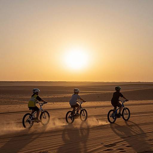Photograph of three cyclists in helmets riding on a sandy beach at sunset, casting long shadows and kicking up dust.
