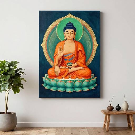 Vibrant digital painting of a serene Buddha in orange robes, sitting on a lotus, with a green halo, above a wooden floor and p