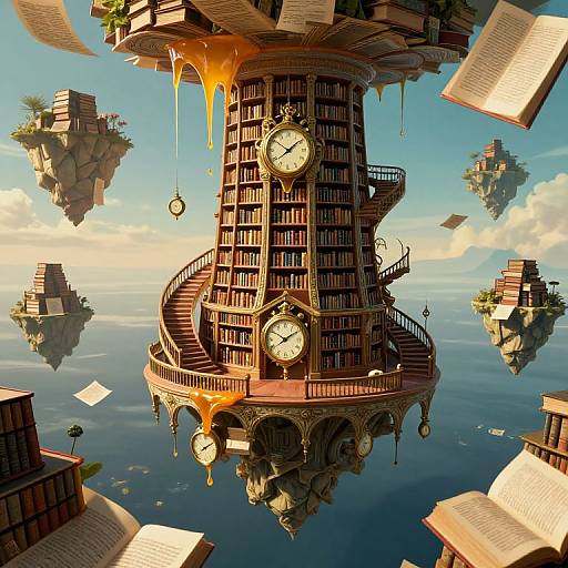Whimsical digital art: floating clock tower with bookshelves, clock faces, and golden honey drips, surrounded by floating islands and papers.