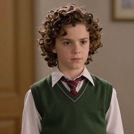 Photograph of a young boy with curly brown hair, wearing a green sweater vest over a white shirt and red-striped tie, standing indoors with a wooden