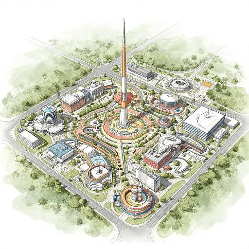 Aerial illustration of a vibrant city square featuring a central tower surrounded by colorful buildings, winding pathways, and lush greenery.