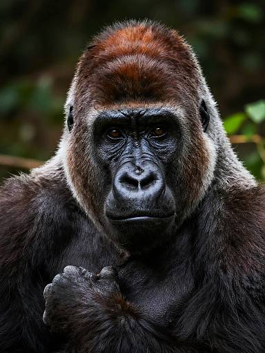Photograph of a solemn, muscular adult male gorilla with dark brown fur, intense black eyes, and a prominent brow ridge, set against a blurred