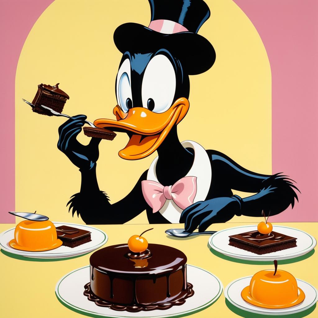 Anthropomorphic Daffy Duck Enjoying Cake