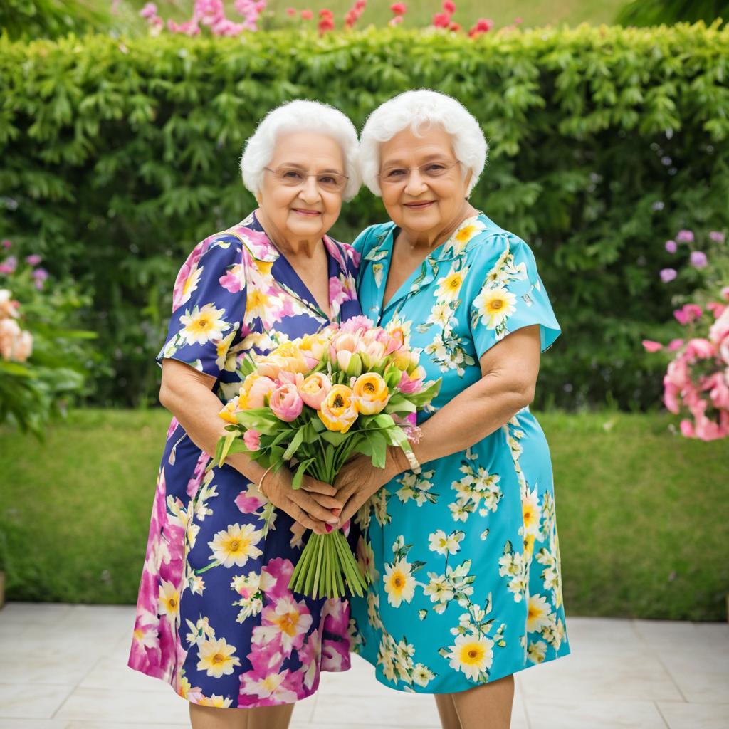 Two Grandmothers Embracing in Floral Love