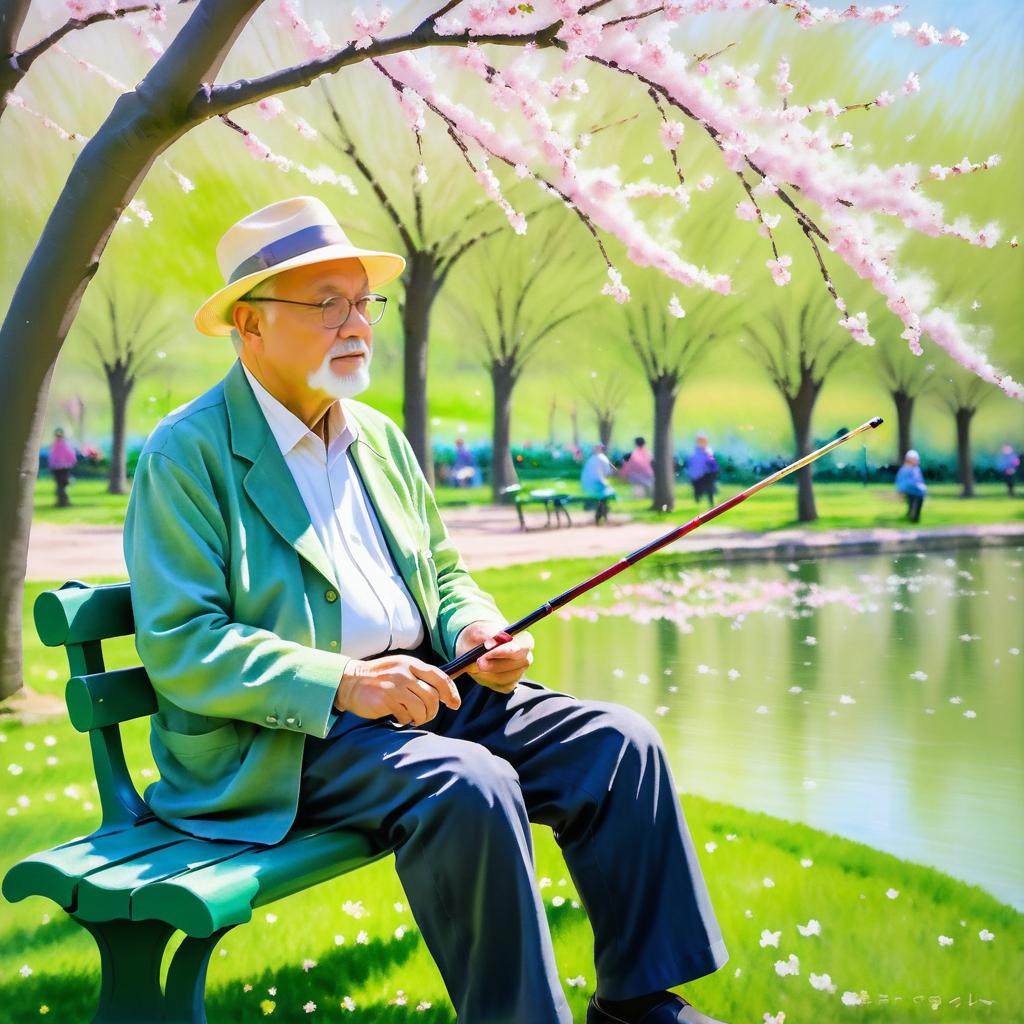 Elderly Man Amidst Spring Blossoms