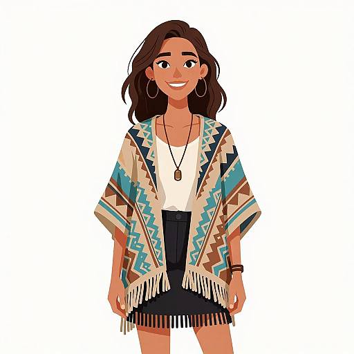 Bohemian Woman in Geometric Poncho
