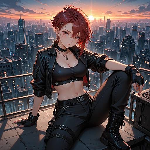 Red-haired Woman Sitting on Rooftop at Sunset
