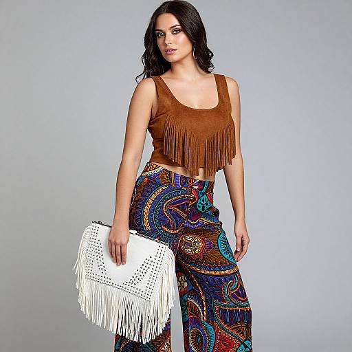 Photograph of a dark-haired woman in a brown fringe top and colorful, patterned pants, holding a white fringe purse, against a plain gray background