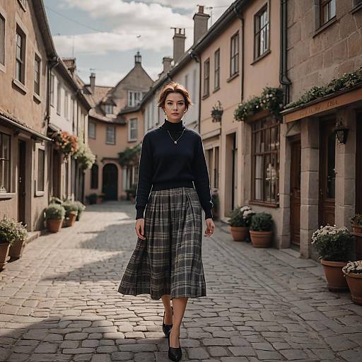 Woman Walking on Charming European Street