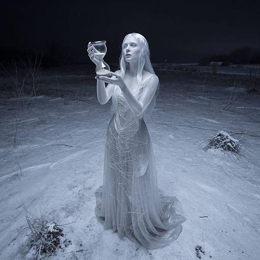 Photograph of a pale woman in a flowing, chain-patterned dress holding a glass, standing in a dark, icy landscape with snow-covered ground.