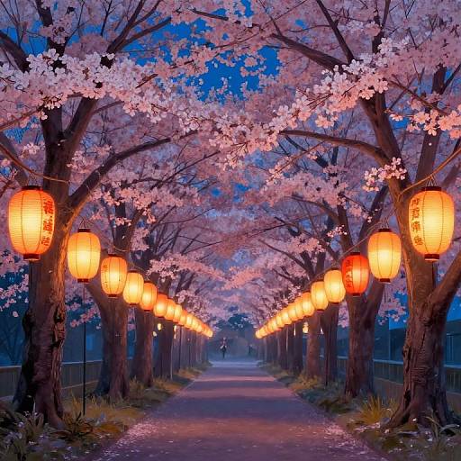 Photograph of a serene cherry blossom path at dusk, illuminated by glowing orange Japanese lanterns, with a person walking in the distance.