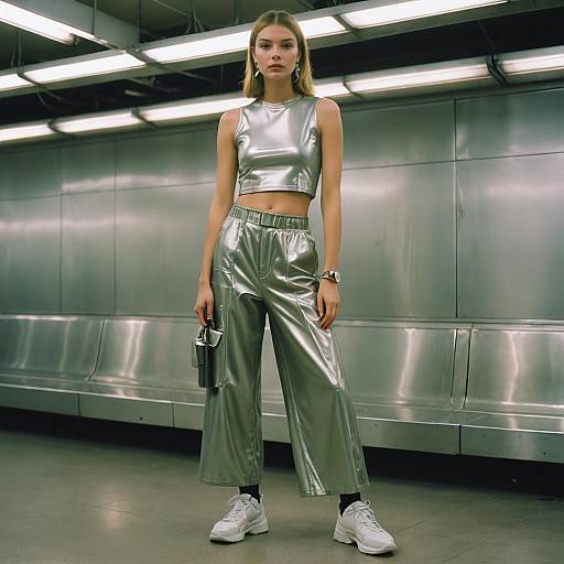 Woman in Metallic Silver Crop Top on Subway Platform
