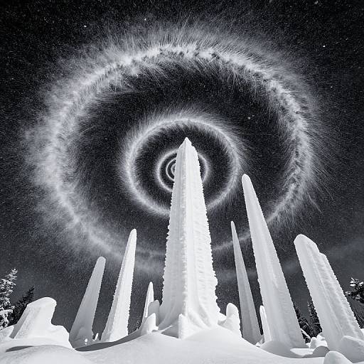 Black-and-white photograph of a starry night sky with a glowing, circular halo above tall, jagged ice formations.