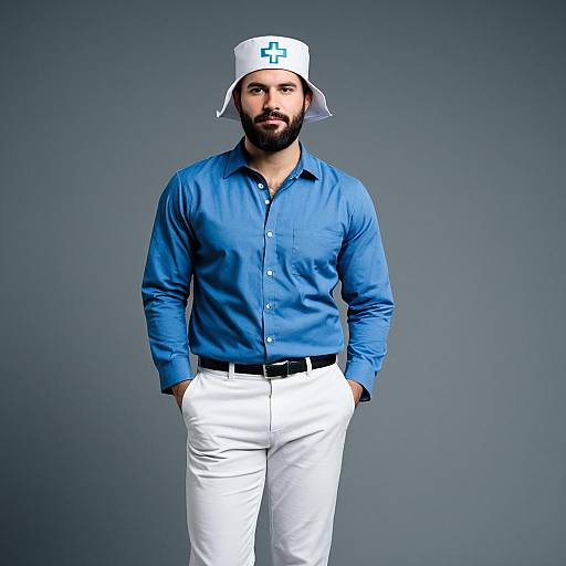 Man in Medical Pun Costume with Blue Shirt and White Pants