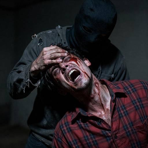 Masked Figure Holding Screaming Bloodied Man