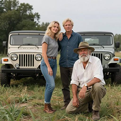 Three Adults with Vintage Jeeps in Grassy Field